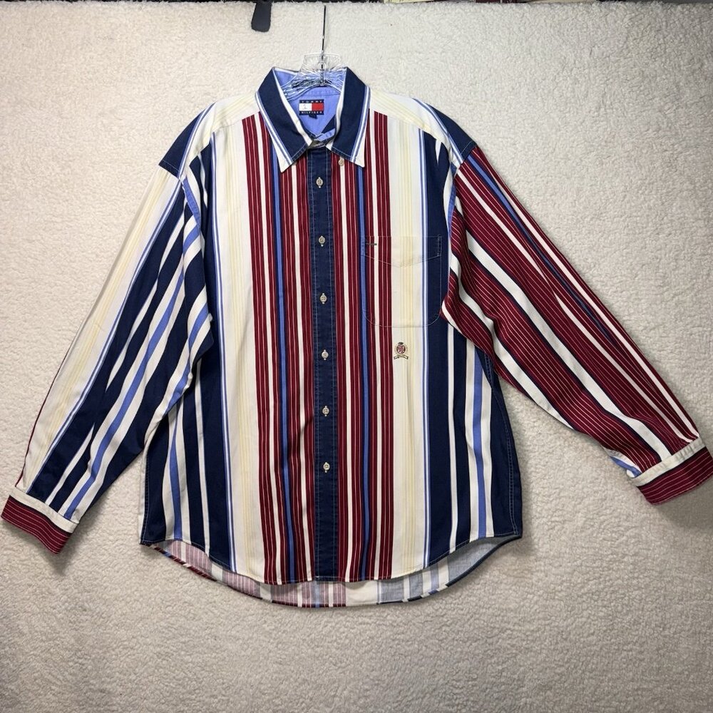 Vintage Tommy Hilfiger Shirt Mens Large Stripe Colorblock Crest Flag Logo 90s - Picture 2 of 10